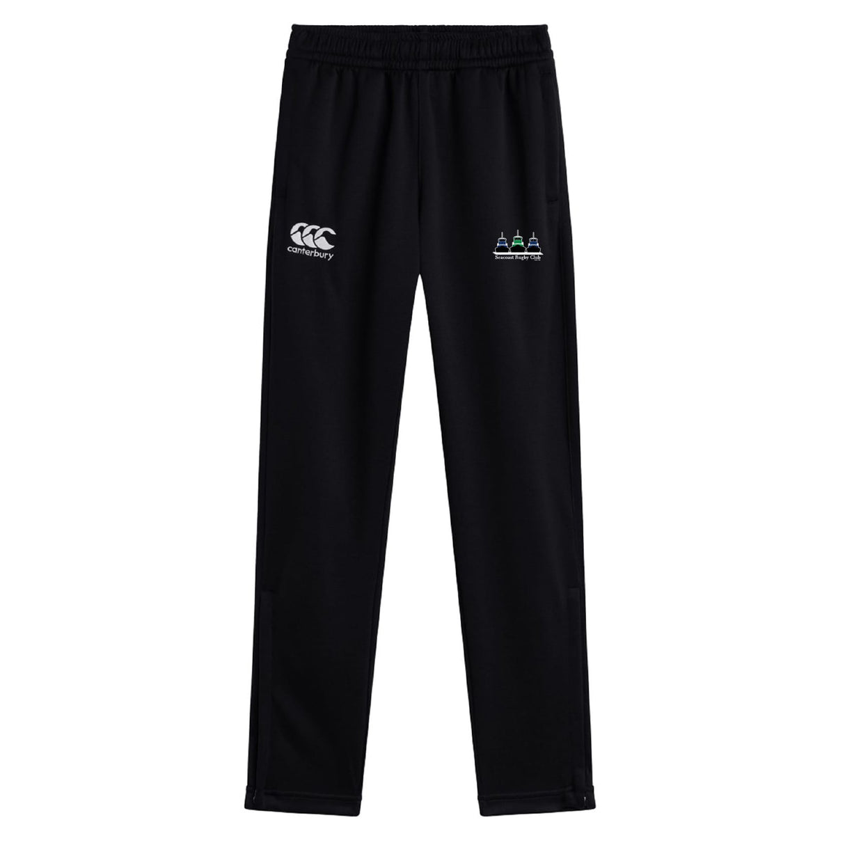 The Seacoast Rugby Club Stretch Tapered Pant by EMB Canterbury features an elastic waistband, white Canterbury logo on the left thigh, multicolored emblem on the right, and quick-dry fabric—ideal men's workout pants.