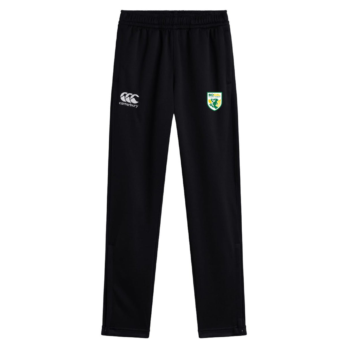 The SoCal Youth Rugby Stretch Tapered Pant by EMB Canterbury features an elastic waistband, Canterbury logo on the left, and a green/yellow crest on the right thigh—perfect quick-dry athletic pants for men.