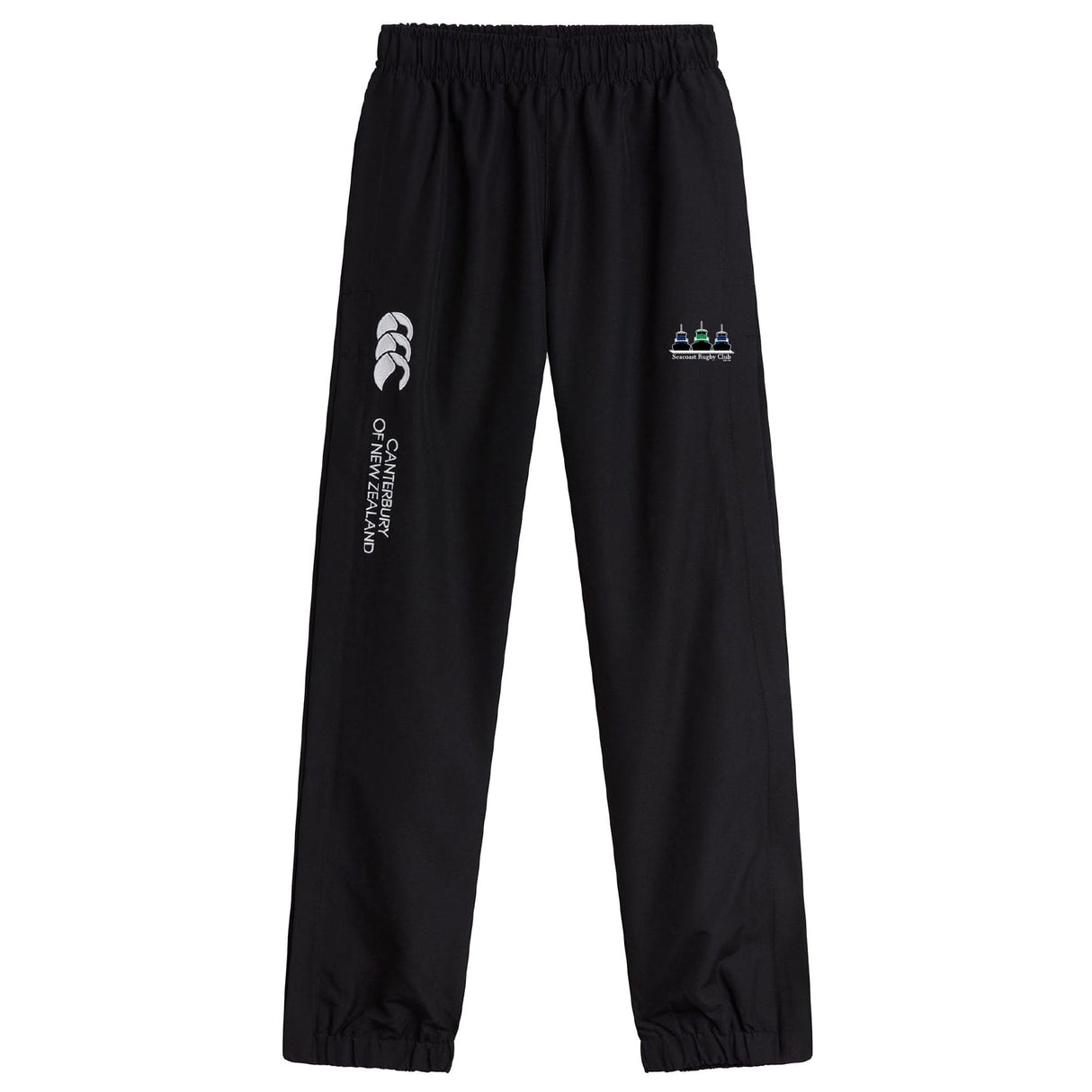 The Seacoast Rugby Club Cuffed Hem Stadium Pant by EMB Canterbury features a black athletic look with an elastic waistband, cuffed hem, and white embroidered Seacoast Rugby logo on the upper left leg.