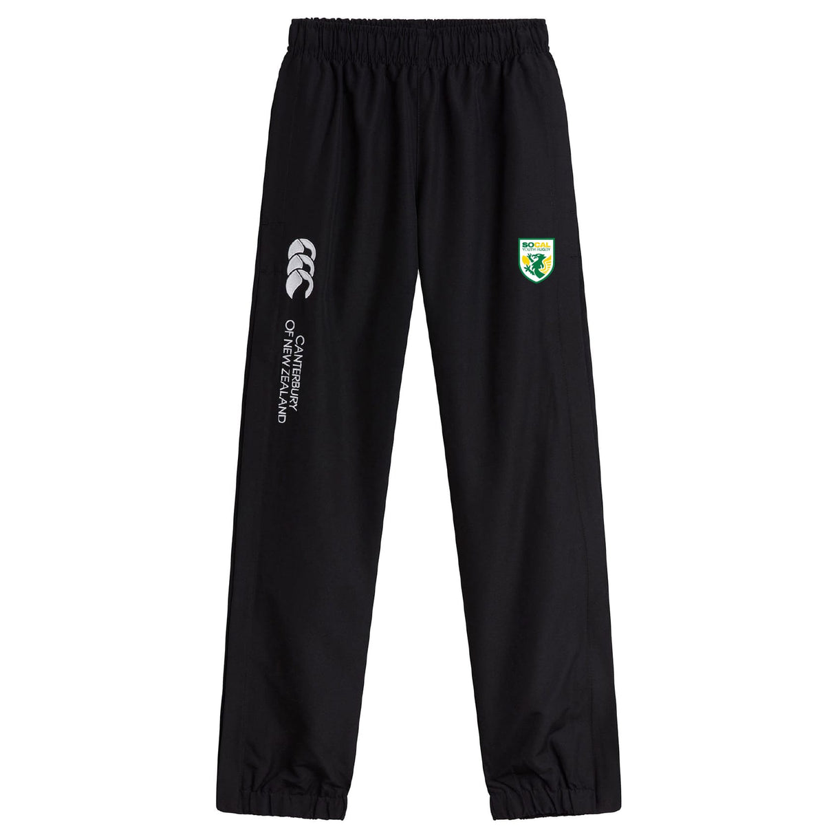The EMB Canterbury SoCal Youth Rugby Cuffed Hem Stadium Pant features an elastic waistband, cuffed hem, and embroidered logos on both thighs for style and comfort.