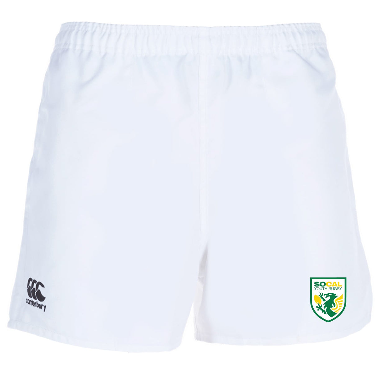 The SoCal Youth Rugby Professional Polyester Rugby Short by EMB Canterbury features the Canterbury logo on the left leg and the SoCal Youth Rugby logo on the right, offering comfort and performance ideal for serious players.