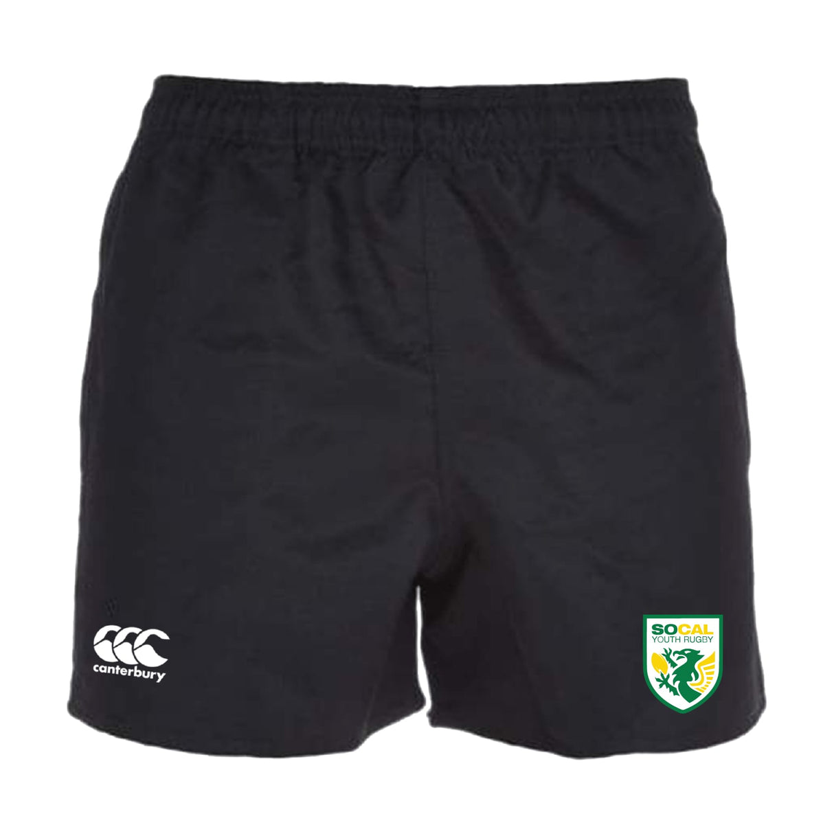 The SoCal Youth Rugby Professional Polyester Rugby Short by EMB Canterbury features the iconic Canterbury logo on the left leg and the SoCal Youth Rugby emblem on the right, delivering pro-level style and performance for every match.