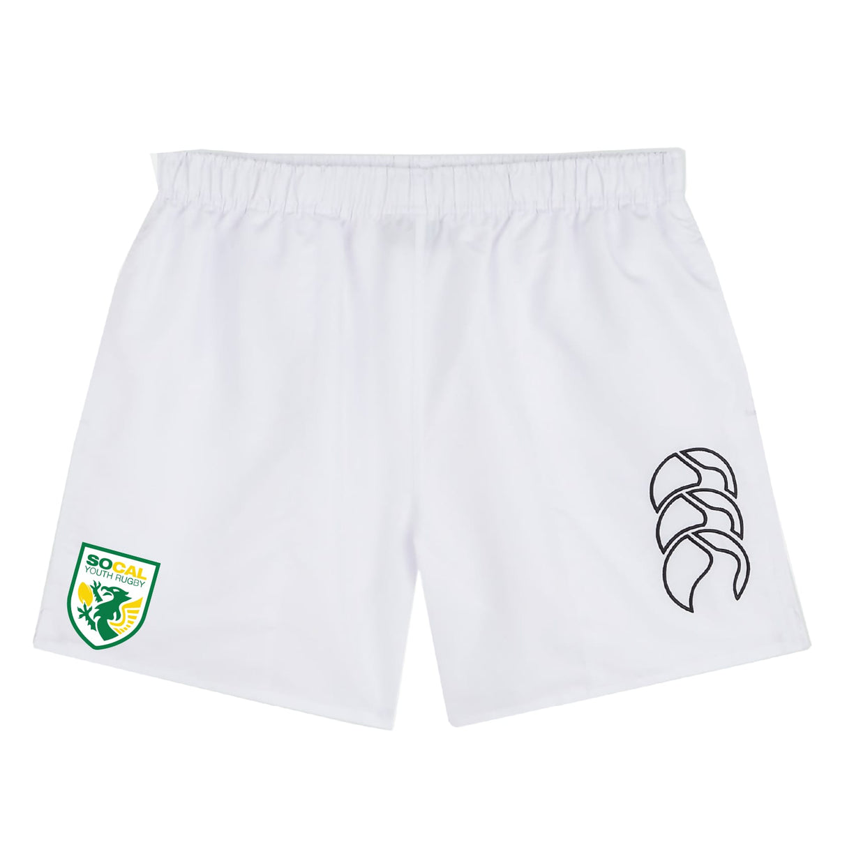 The EMB Canterbury SoCal Youth Rugby Tactic Short is a white men’s rugby short with an elastic waistband, gym-ready, featuring the SoCal Youth Rugby logo left leg and a black stylized logo right leg, classic Canterbury style.