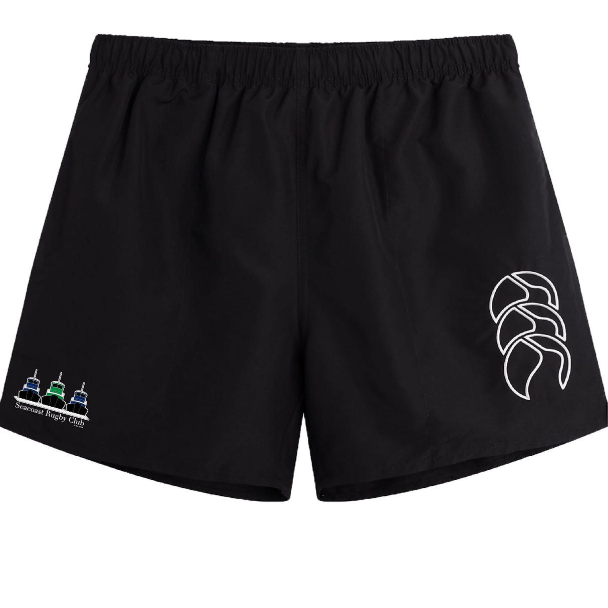 The Seacoast Rugby Club Tactic Short by EMB Canterbury features an embroidered logo and colored boats, making it ideal for men's gym workouts or rugby training.