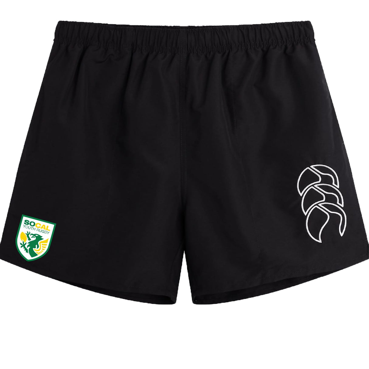 The SoCal Youth Rugby Tactic Short by EMB Canterbury features a white abstract logo on the right leg and a green-yellow SoCal Rugby Sports badge on the left, ideal as rugby shorts or classic Canterbury gymwear.