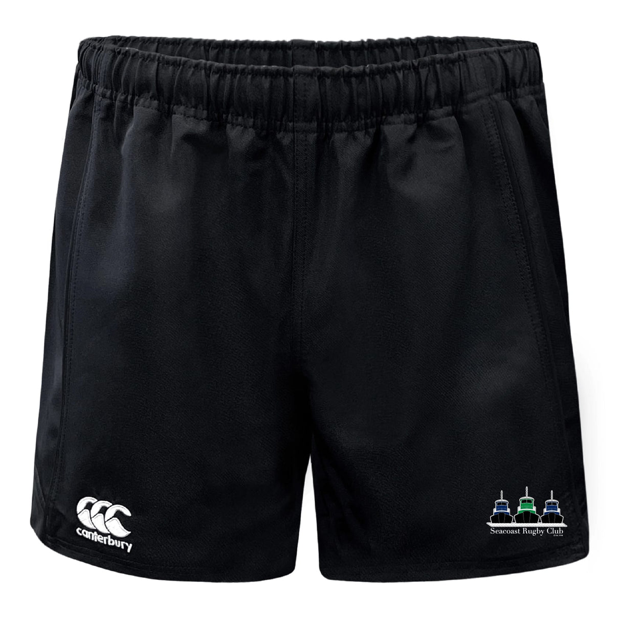 The Seacoast Rugby Club Professional Polyester Rugby Short by EMB Canterbury features an elastic waistband, durable polyester fabric, the Canterbury logo on the left leg, and the Seacoast Rugby Club logo on the right leg.
