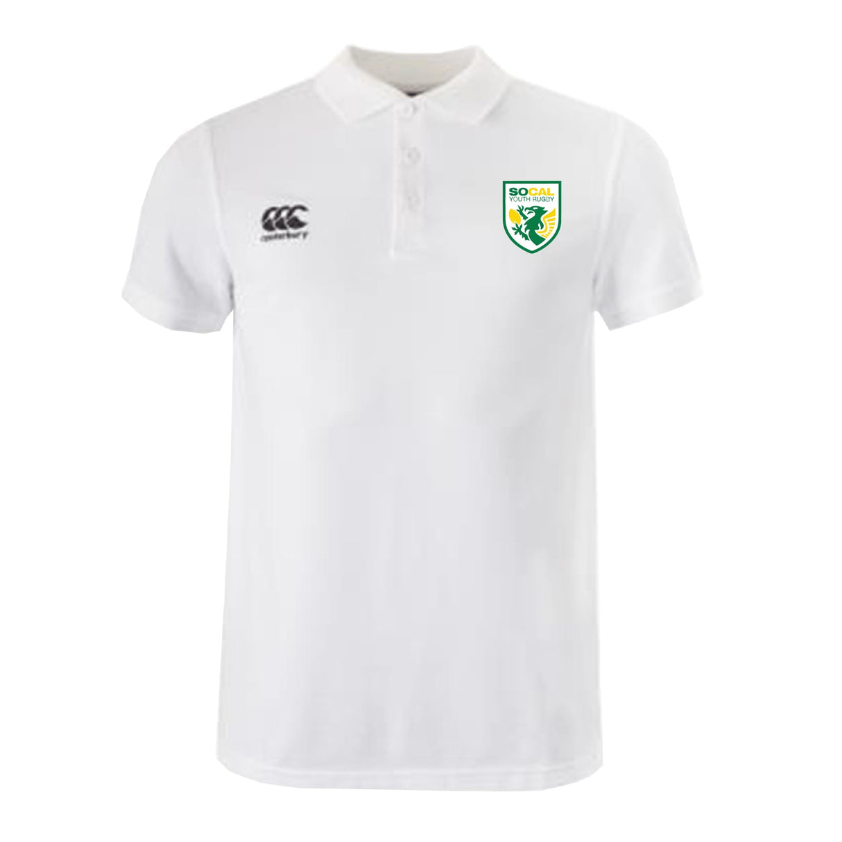 The SoCal Youth Rugby Waimak Polo by EMB Canterbury is a white shirt featuring the Canterbury logo on the right chest and a SoCal rugby crest on the left chest.