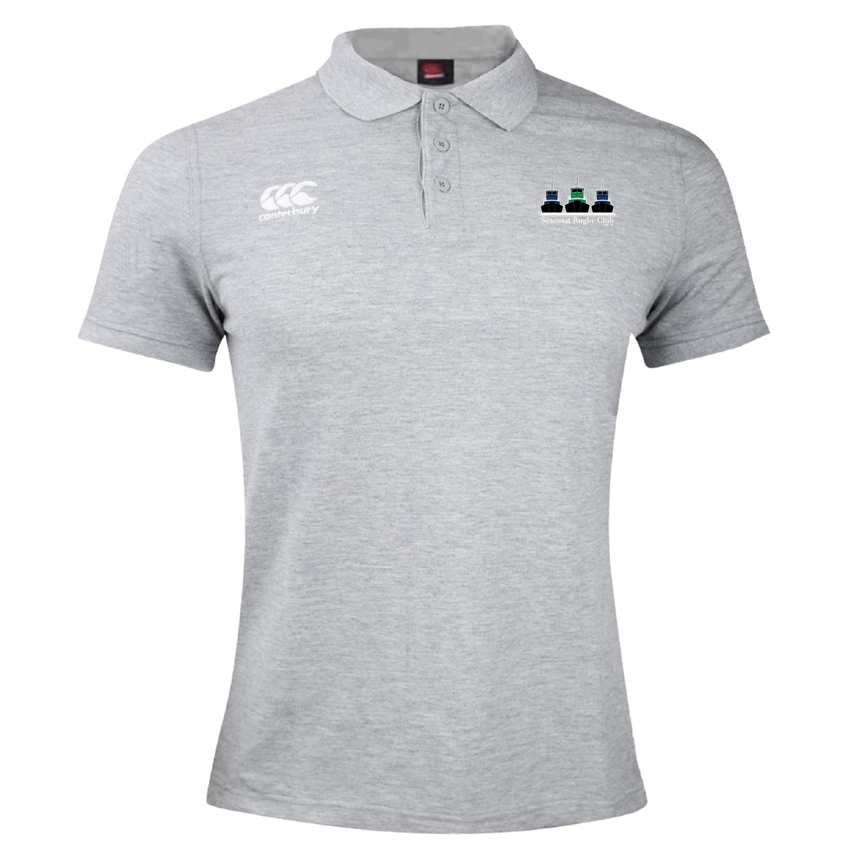 The Seacoast Rugby Club Waimak Polo by EMB Canterbury features light grey fabric, a white "Canterbury" logo on the right chest, and three colored bottles on the left—perfect for classic rugby polo fans.