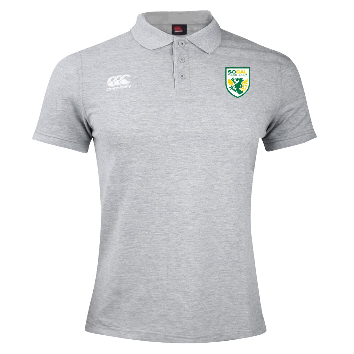The SoCal Youth Rugby Waimak Polo by EMB Canterbury is a light grey, short-sleeve collared shirt with the Canterbury logo on the right chest and a SOGAL badge on the left—ideal for casual wear or as a rugby polo.