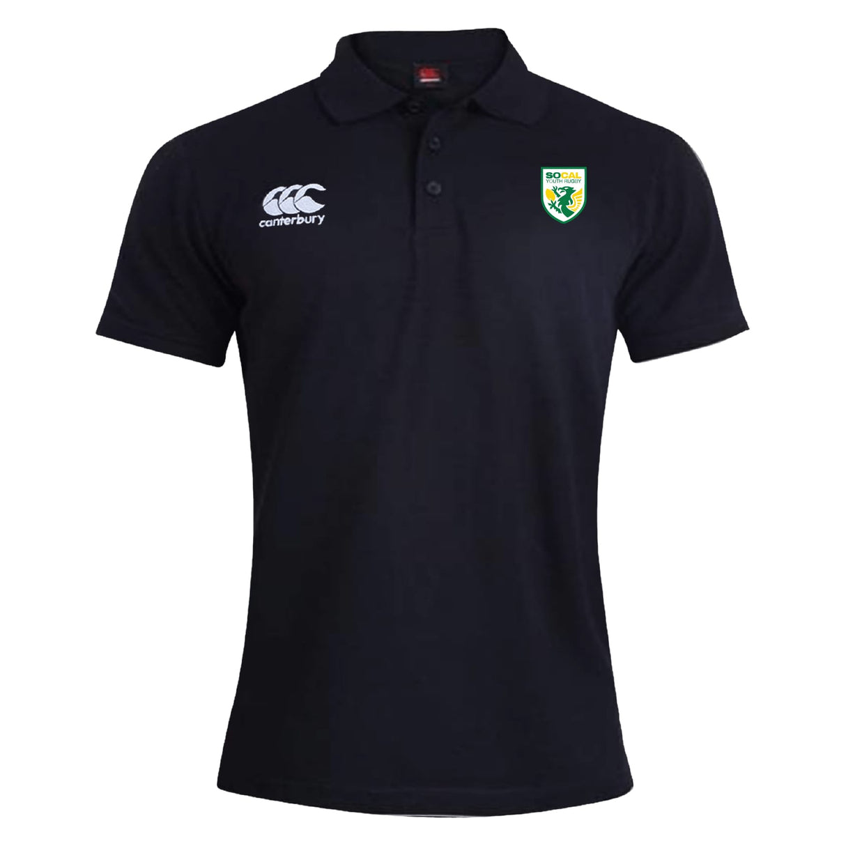 The SoCal Youth Rugby Waimak Polo by EMB Canterbury is a black short-sleeve men's rugby shirt with the Canterbury logo on the right chest and a green and yellow crest on the left.