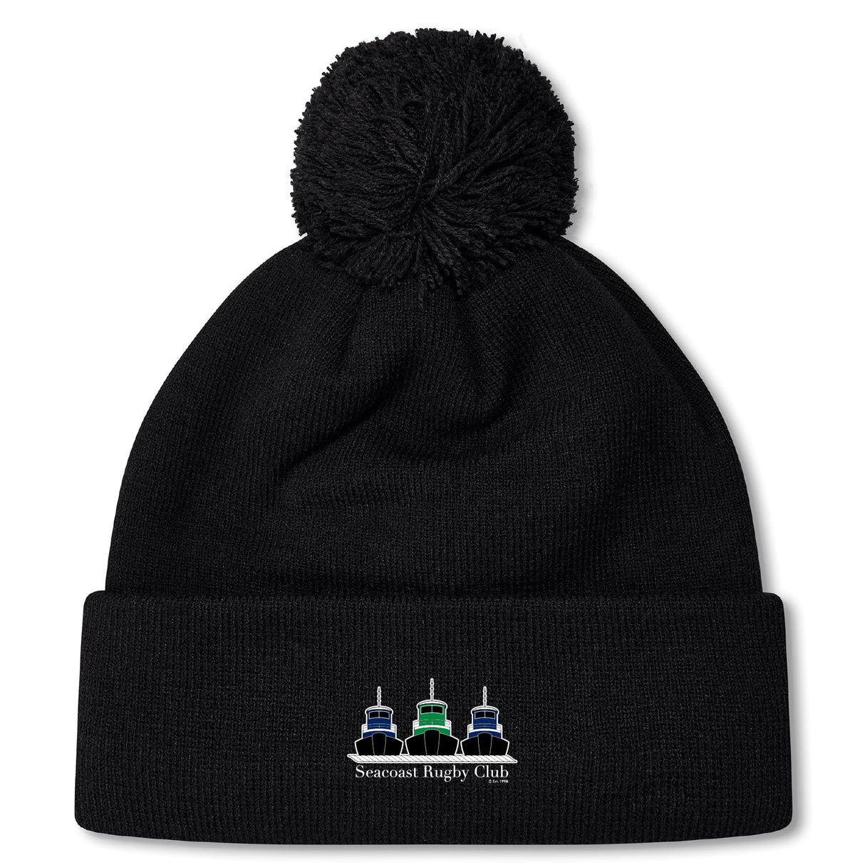 Stay warm on chilly match days with the Seacoast Rugby Club Pom Pom Beanie by EMB Canterbury—featuring a fleece lining, pom-pom, and an embroidered three ships logo with "Seacoast Rugby Club" on the front cuff.