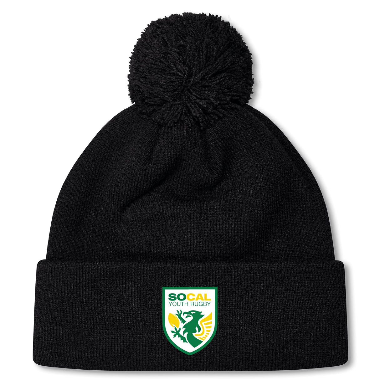 Stay warm in the EMB Canterbury SoCal Youth Rugby Pom Pom Beanie by Canterbury, a black fleece-lined knit hat with a pom-pom and SoCal Youth Rugby logo patch—perfect for rugby fans.