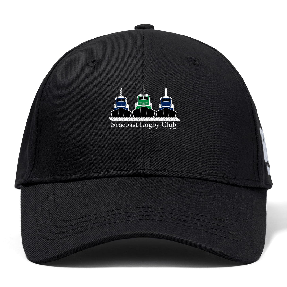 The Seacoast Rugby Club Flexfit Drill Cap by EMB Canterbury features a flex fit design and an embroidered three-tugboat logo with "Seacoast Rugby Club" on the front.