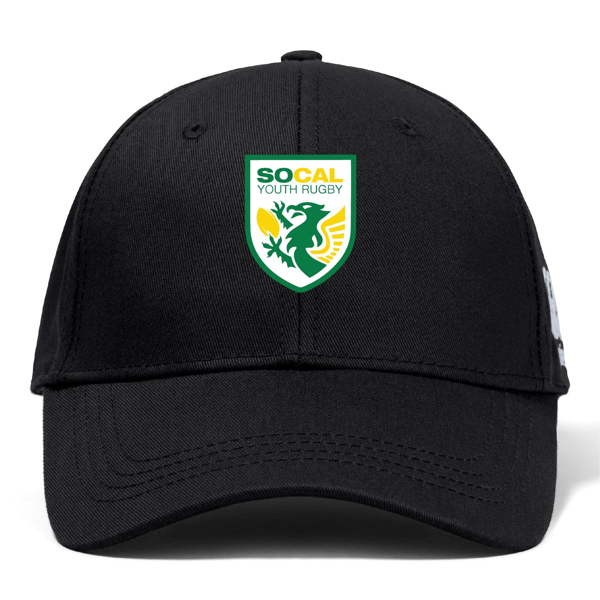 The SoCal Youth Rugby Flexfit Drill Cap by Canterbury from EMB Canterbury is a black cap featuring green and yellow text with a stylized griffin on the front.