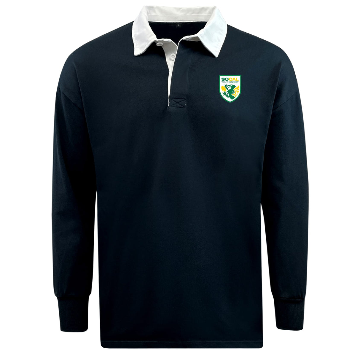 The EMB Mudoo SoCal Youth Rugby Classic Long Sleeve Solid Rugby Jersey features a white collar, green and yellow crest on the left chest, and is made from a soft cotton-poly blend for comfort and durability.