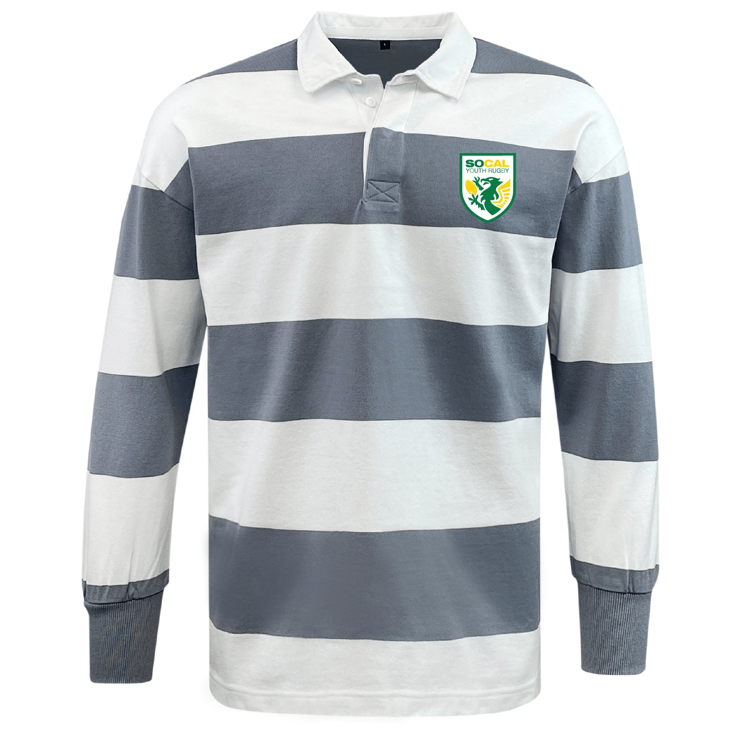 The EMB Mudoo SoCal Youth Referees Classic Long Sleeve Hooped Rugby Jersey sports wide grey and white stripes, a white collar, and a "SoCal" crest logo on the left chest.