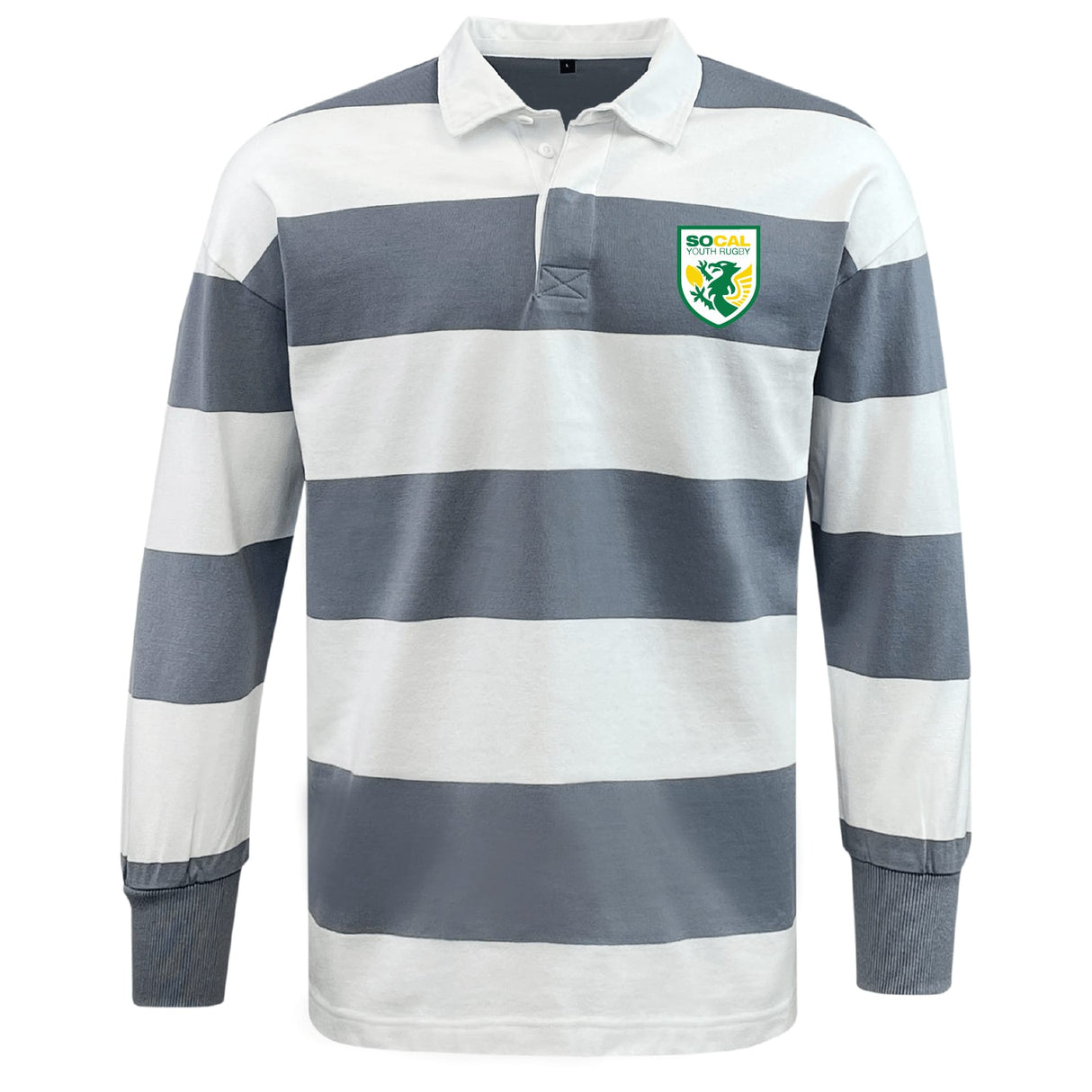 The EMB Mudoo SoCal Youth Rugby Classic Long Sleeve Hooped Rugby Jersey features wide grey and white stripes, a collar, and a “Socal Rugby” crest on the left chest for vintage-inspired style.