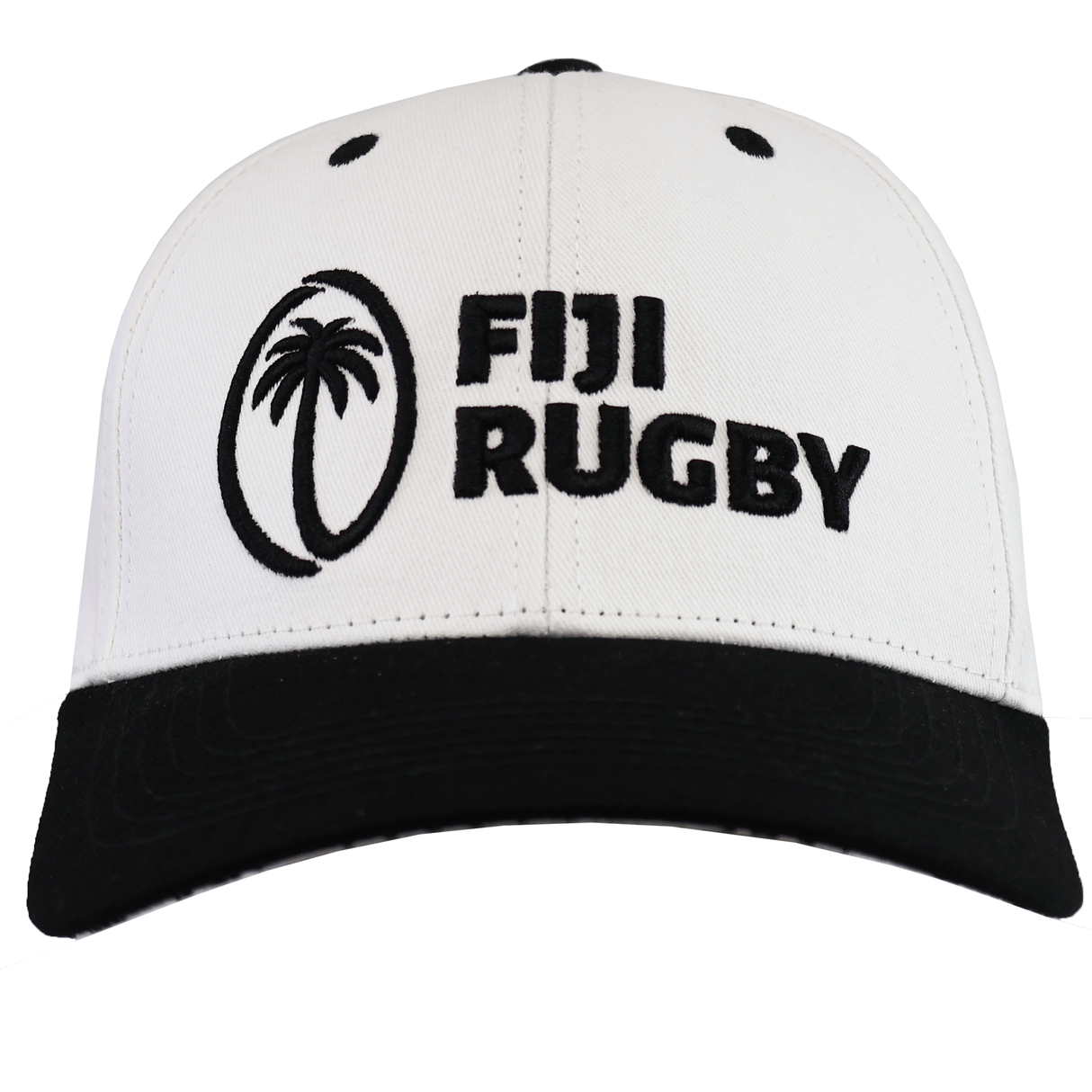 The SDS Fiji Cotton Baseball Cap features "Fiji Rugby" and a palm tree logo embroidered on the front, blending Fijian heritage with sporty style in classic white and black cotton.