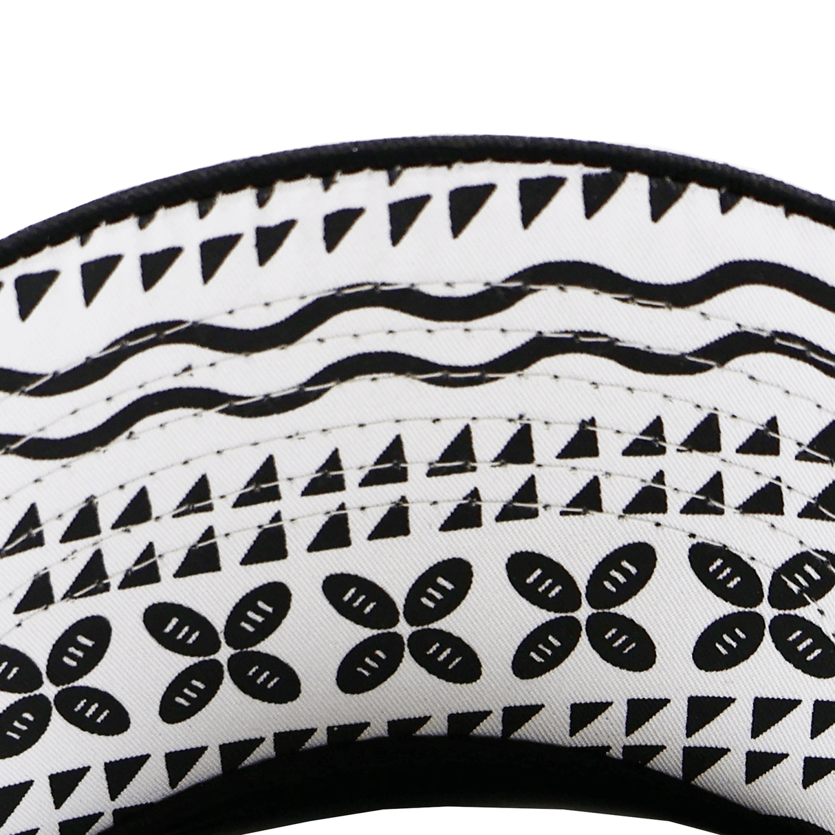 Close-up of black and white patterned fabric with triangles, wavy lines, and floral motifs inspired by Fijian heritage—ideal for the SDS Fiji Cotton Baseball Cap.
