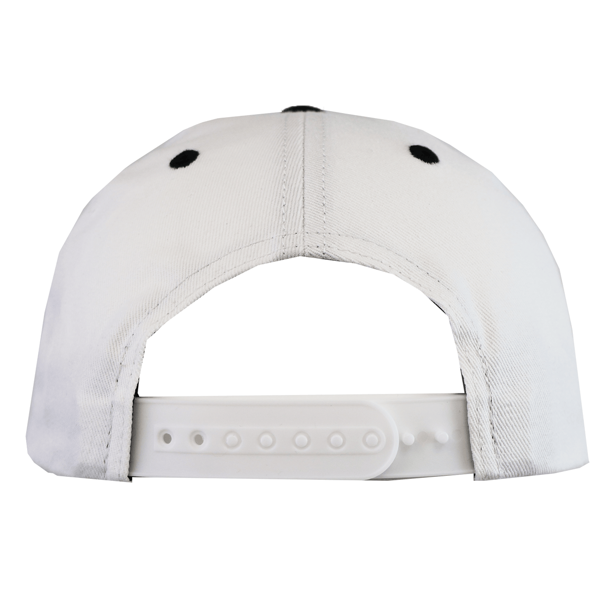 The Fiji Cotton Baseball Cap by SDS showcases black eyelets, a plastic adjustable strap, and a white cotton build—celebrating Fijian heritage with style and comfort from the back view.