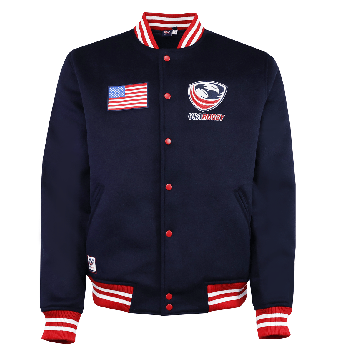 The SDS USA Rugby Varsity Wool Jacket is navy blue with red and white striped cuffs and collar, and features an American flag patch plus a USA Rugby logo on the chest.