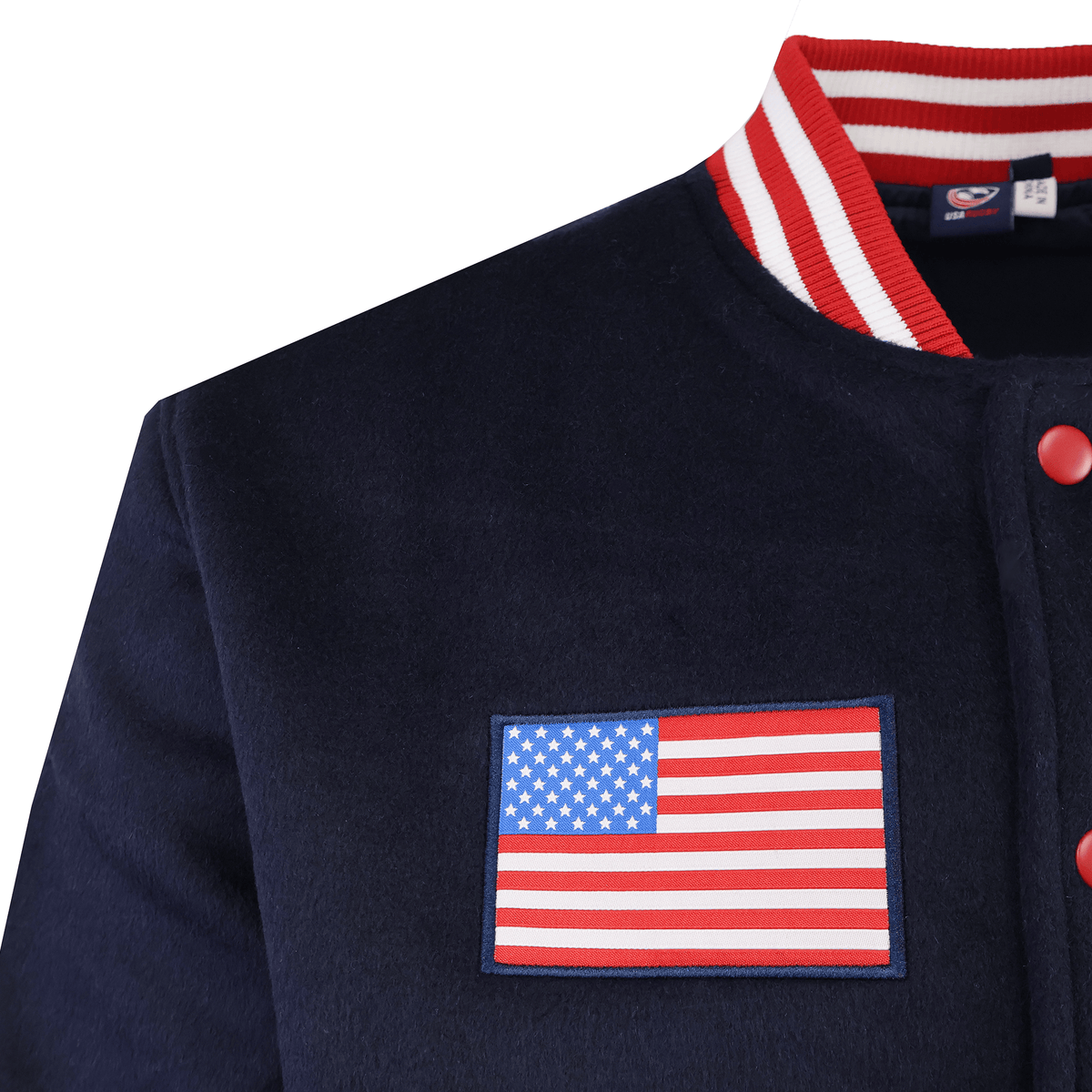 Close-up of the SDS USA Rugby Varsity Wool Jacket in navy blue, featuring an American flag patch and a red and white striped collar.