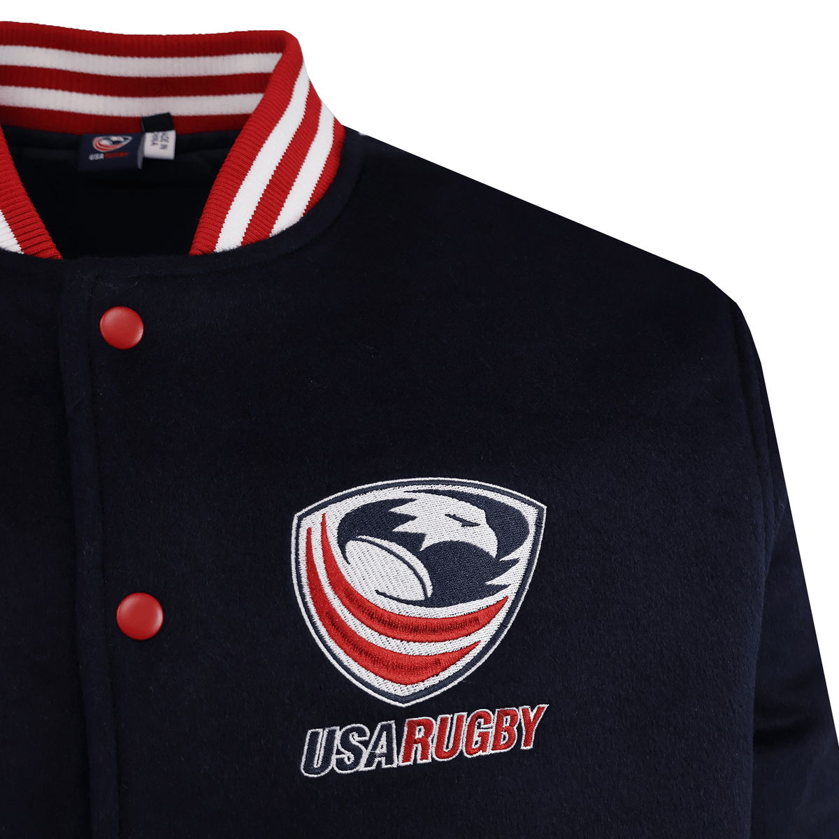 Close-up of the SDS USA Rugby Varsity Wool Jacket, featuring a navy body, red and white striped collar, red buttons, and an embroidered USA Rugby logo on the chest—classic varsity style.