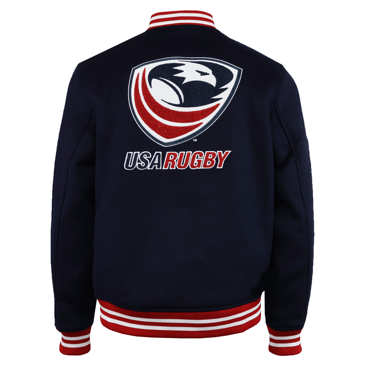 The SDS USA Rugby Varsity Wool Jacket is navy blue with red and white striped cuffs and collar, and features a large eagle USA Rugby logo on the back.