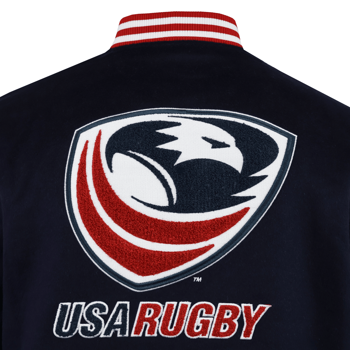 Close-up of the back of the SDS USA Rugby Varsity Wool Jacket, highlighting a stylized eagle with red stripes and "USA RUGBY" embroidered below.