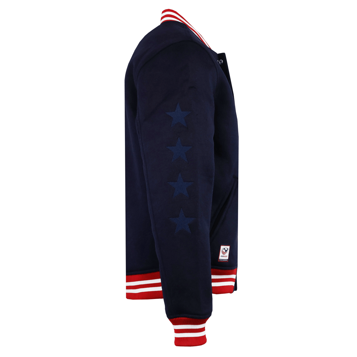 The SDS USA Rugby Varsity Wool Jacket features a navy wool body, red and white striped collar, cuffs, and hem, four blue sleeve stars, and a small waist logo patch—delivering a classic USA Rugby style.