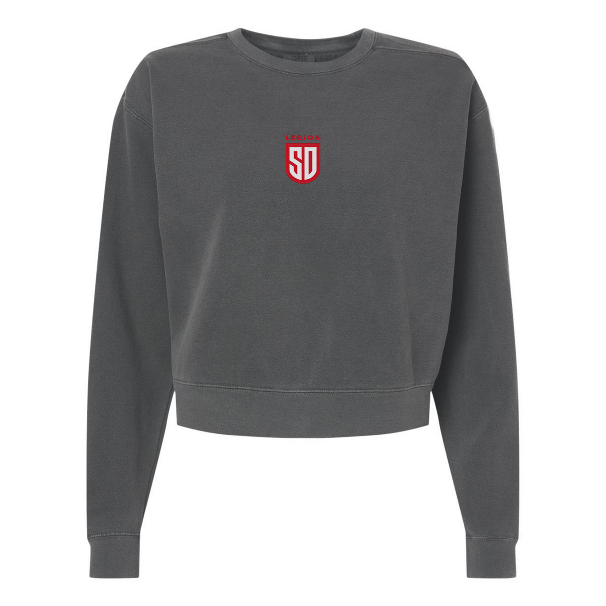 The EMB S&S Activewear Women's San Diego Legion Rugby Mid-Length Crewneck Sweatshirt is a dark gray top with a small red and white "SD" shield logo on the chest—ideal for rugby fans seeking stylish, comfortable apparel.