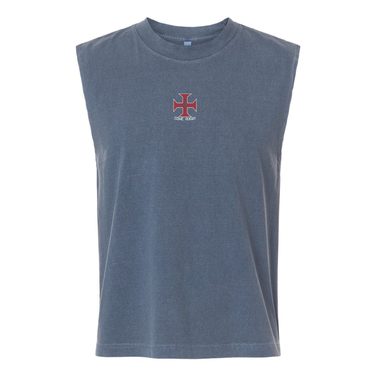 The EMB S&S Activewear SF CDME Rugby Unisex Heavyweight Cotton Garment-Dyed Mid-Length Muscle Tee is a sleeveless, faded blue top featuring a small red and white cross emblem with the “CSC Club” text on the chest. Shown on a white background, this unisex muscle tee combines standout style with all-day comfort.