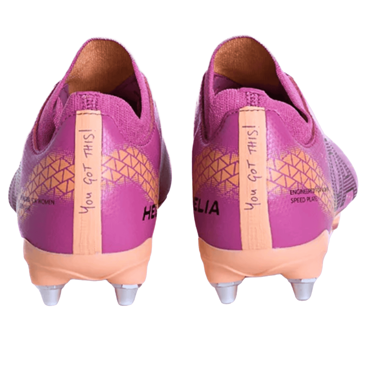 Back view of two IDA Sports IDA Helia Club SG women's soft ground soccer cleats in dark pink with metallic studs for wet, muddy fields; "You Got This!" printed on the heel tabs.