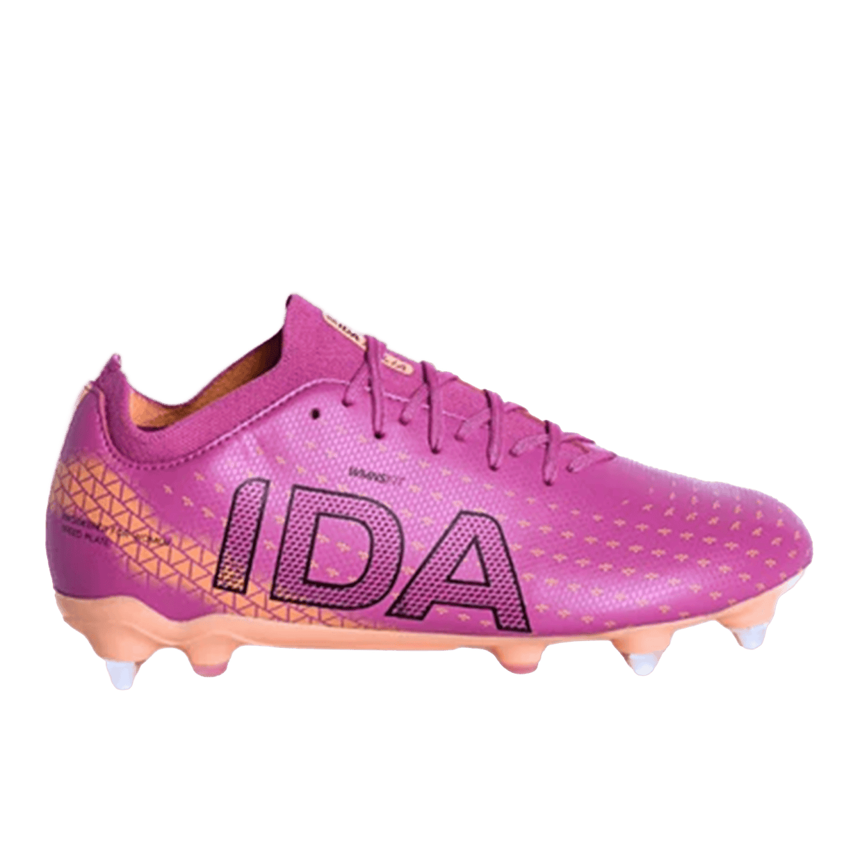 The IDA Sports IDA Helia Club SG - Dark Pink is a women's soft ground soccer cleat in pink with orange accents, black geometric patterns, "IDA" on the side, and four sole studs.