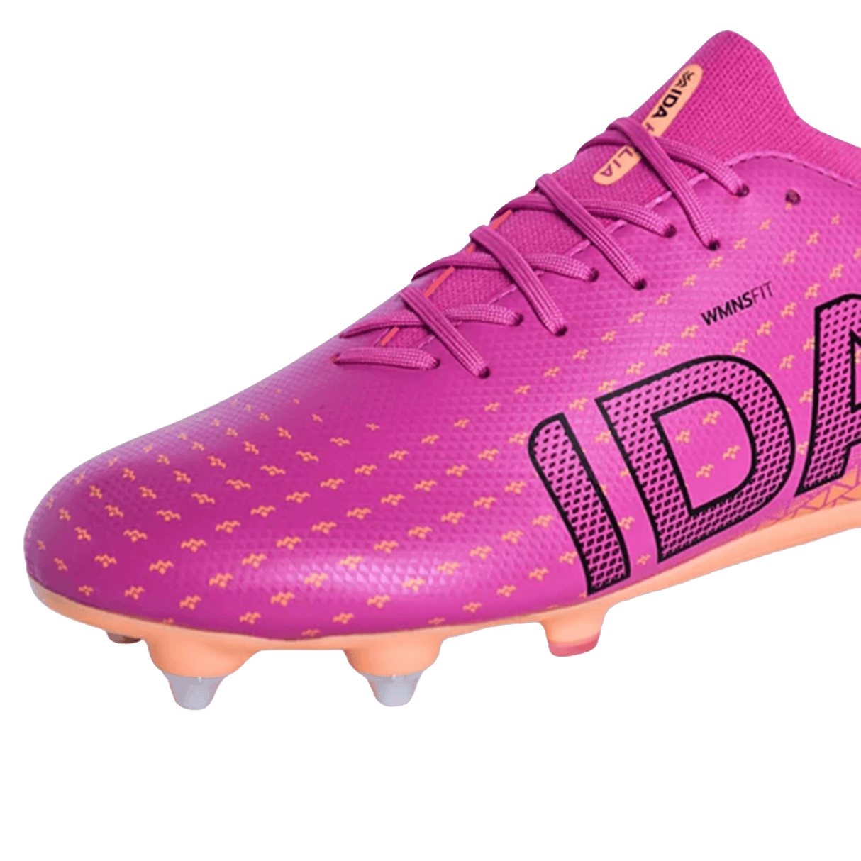 The IDA Sports IDA Helia Club SG women's soccer cleat in dark pink features black lettering, orange studs, and a lace-up design, shown on a white background.