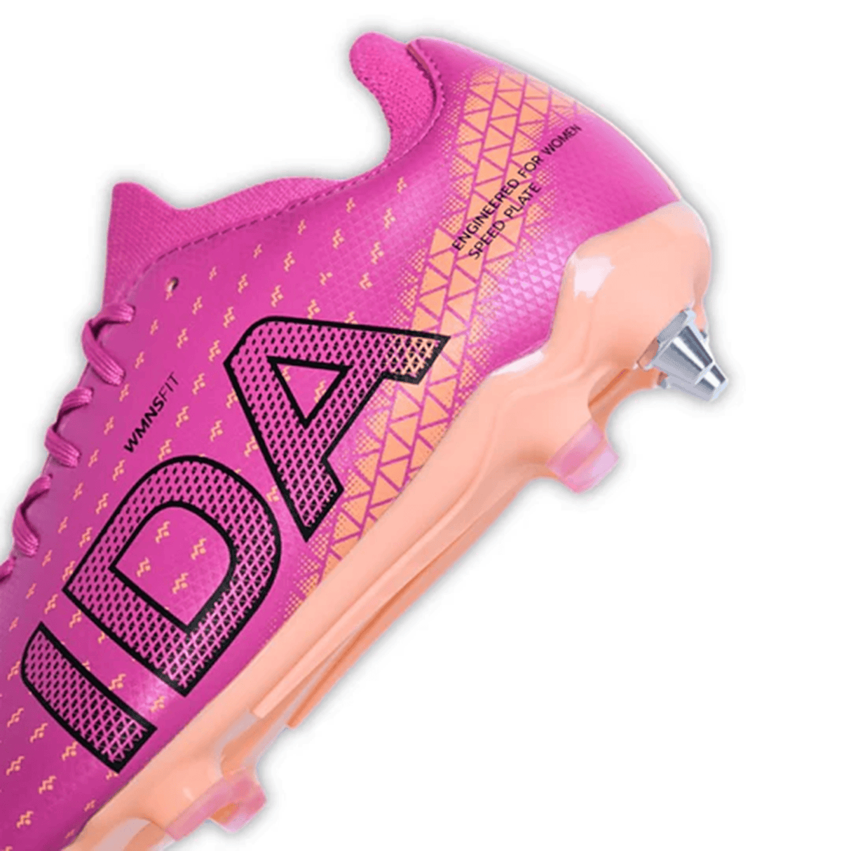 A close-up of the IDA Sports Helia Club SG - Dark Pink women's soft ground soccer cleat, featuring "IDA" and "ENGINEERED FOR WOMEN" printed on the side.