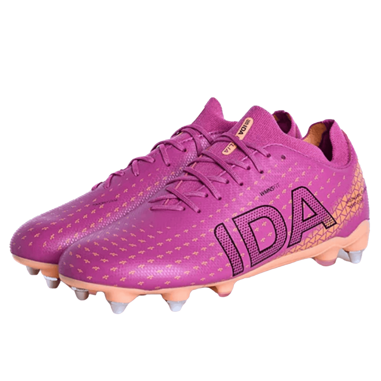 A pair of IDA Helia Club SG women's soccer boots by IDA Sports in dark pink with orange accents and bold black branding on the side.