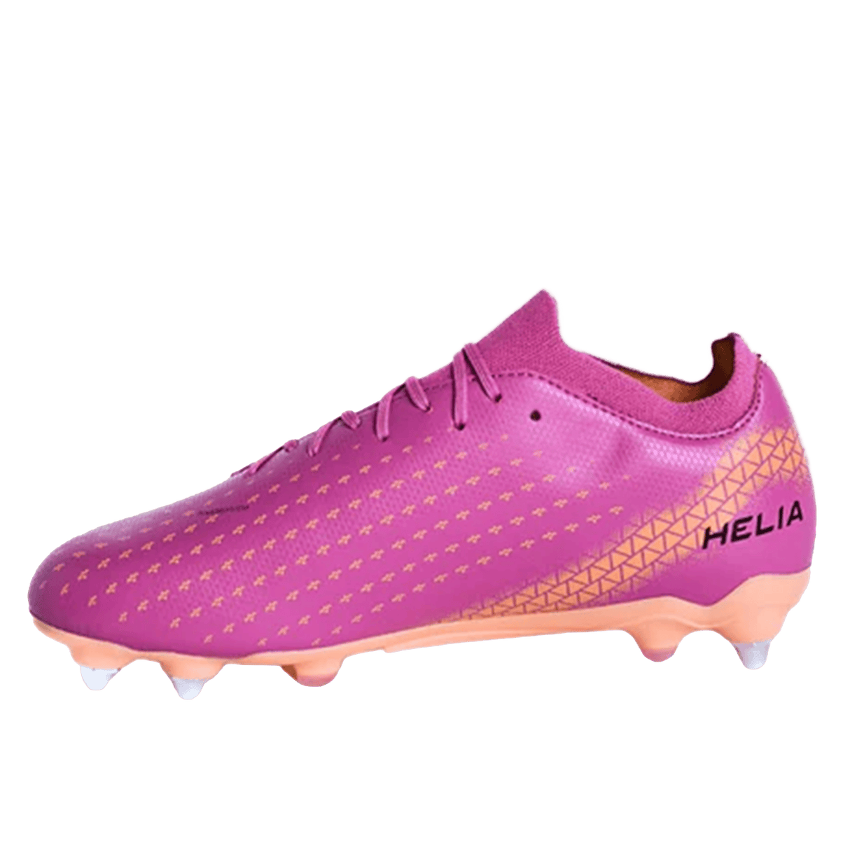 The IDA Sports IDA Helia Club SG - Dark Pink is a women's soft ground soccer cleat in pink and orange with small yellow accents, "HELIA" branding on the heel, and metal studs for traction.