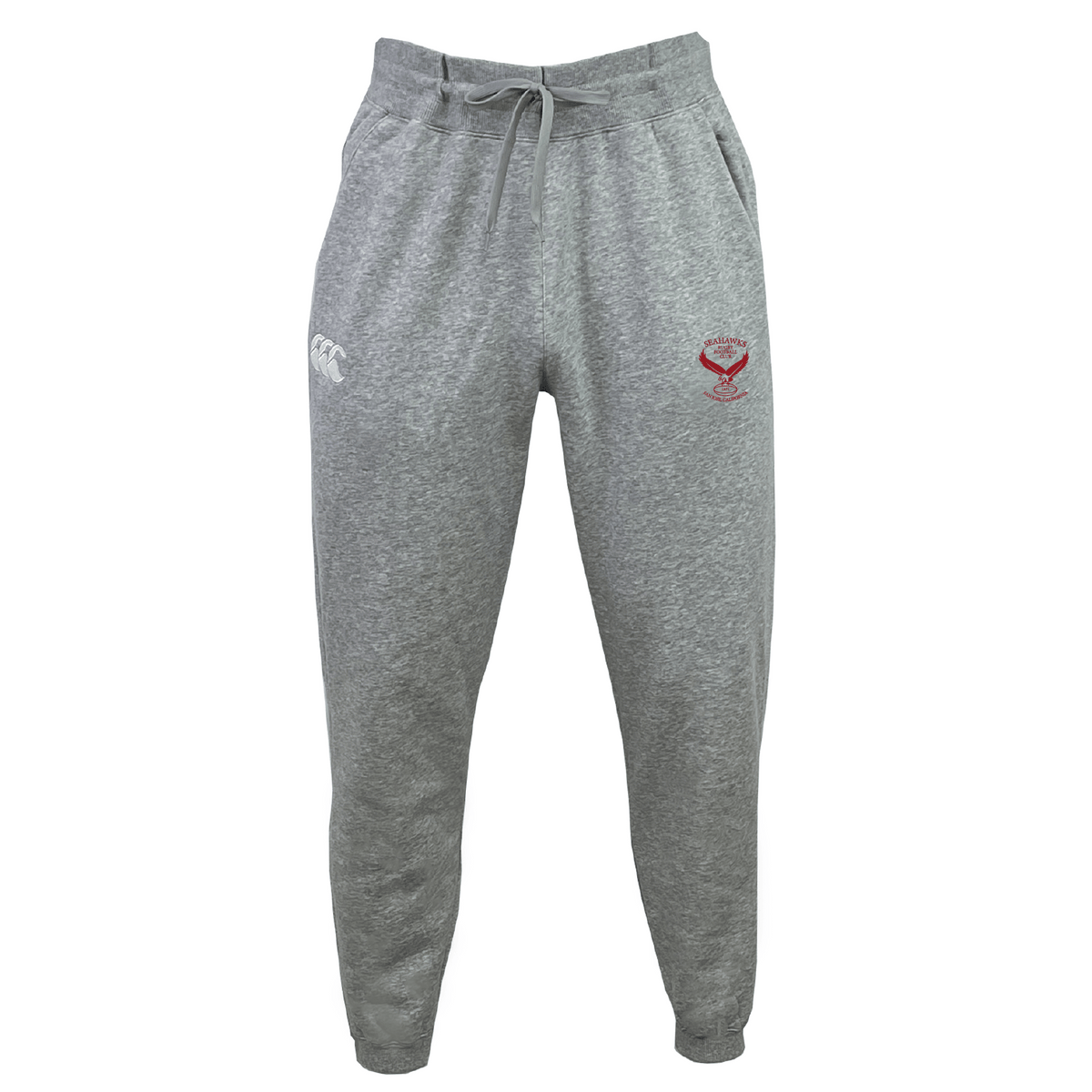 The San Jose Seahawks Leisure Sweatpant by Canterbury, created by EMB Canterbury, is made from organic cotton and features a drawstring waist. It showcases a white logo on the right side and a red emblem on the left.