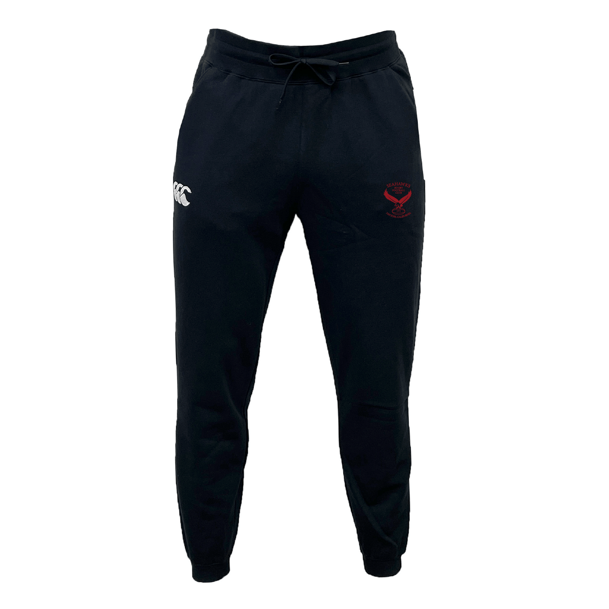 The San Jose Seahawks Leisure Sweatpant by EMB Canterbury is designed with organic cotton and features a drawstring waist, a white logo on the right side, and a red emblem on the left side.