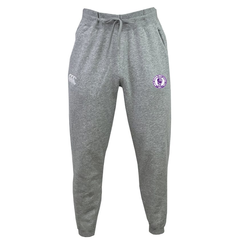 The Sunday Morning RFC Leisure Sweatpant by EMB Canterbury is gray, made from organic cotton, and features a drawstring waistband and ankle cuffs. A purple text logo and small white emblem on the left thigh add style to sustainable comfort.