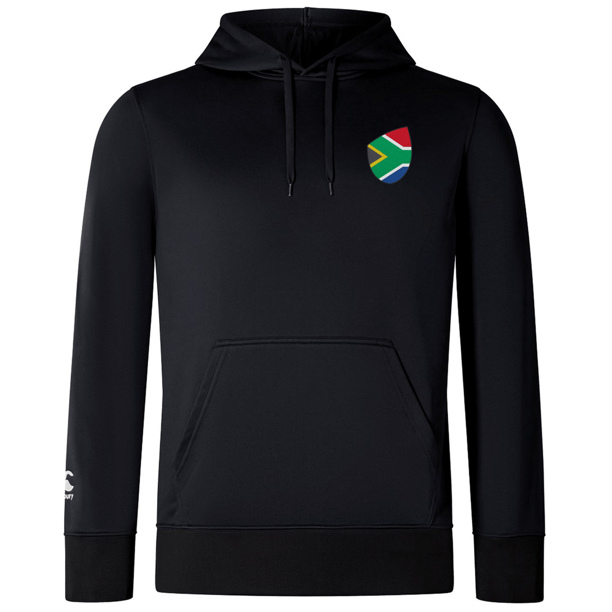 The EMB Canterbury South Africa Shield Club Lightweight Hoodie is ideal for rugby fans, featuring a black design with a drawstring, a multicolored shield emblem on the left chest, and a small white logo on the right sleeve. Perfect for supporting your favorite South African team.