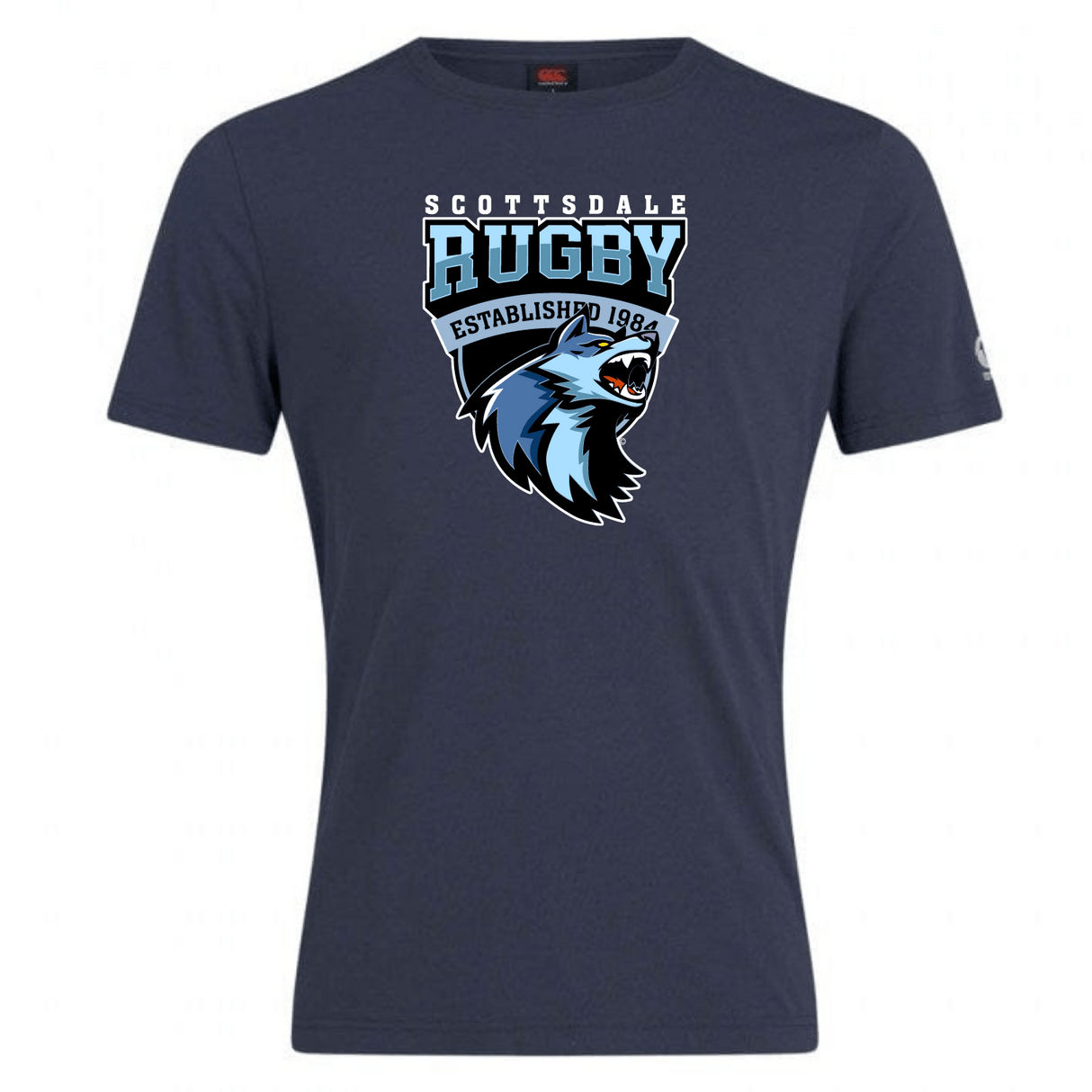 Navy blue t-shirt with the "Scottsdale Rugby Club Plain Tee by Canterbury" logo featuring a stylized wolf's head and the year 1984, crafted from a comfortable cotton blend.