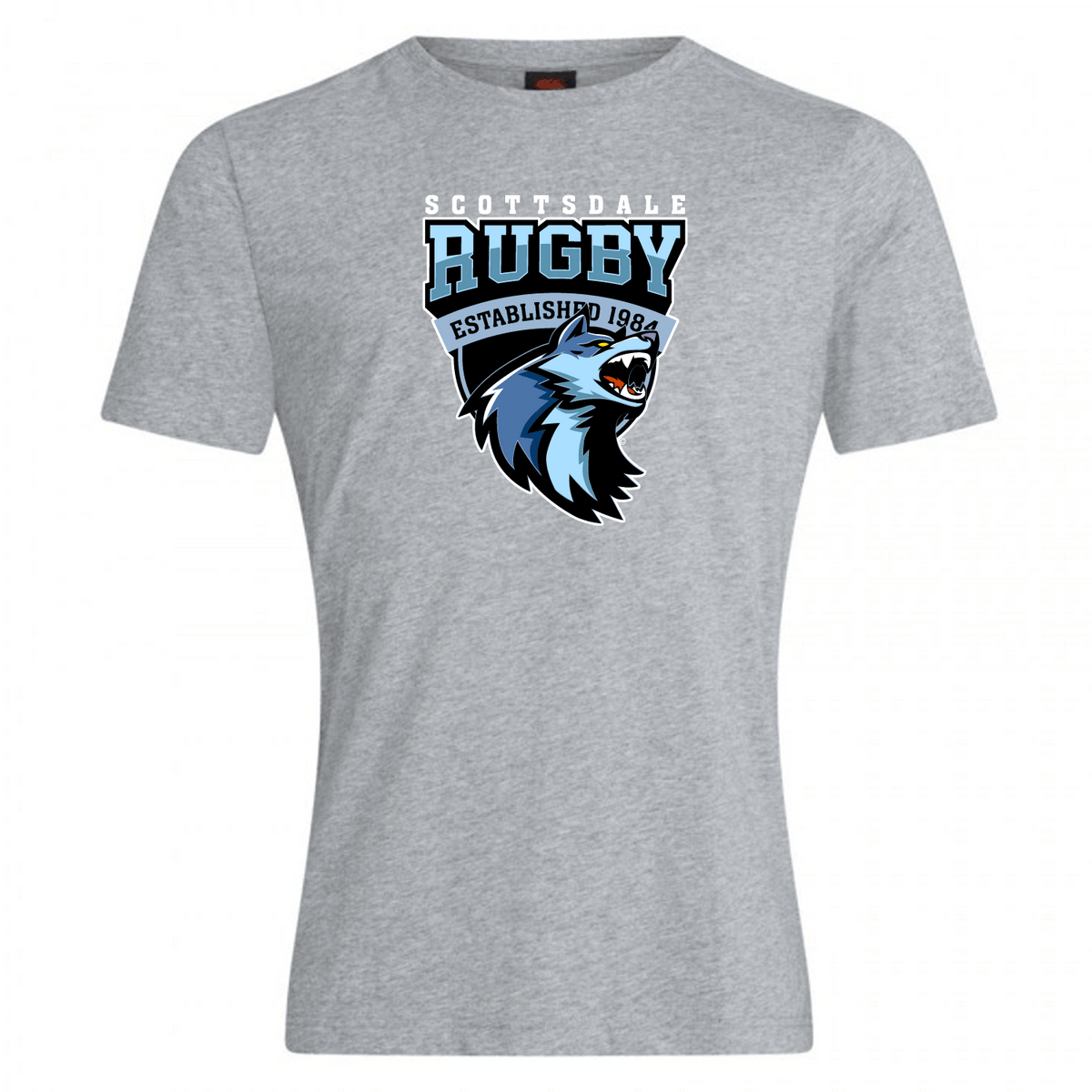 Gray Scottsdale Rugby Club Plain Tee by WRS Canterbury, featuring "Scottsdale rugby established 1984" and a logo of a blue roaring lion's head, crafted from a comfortable cotton blend.