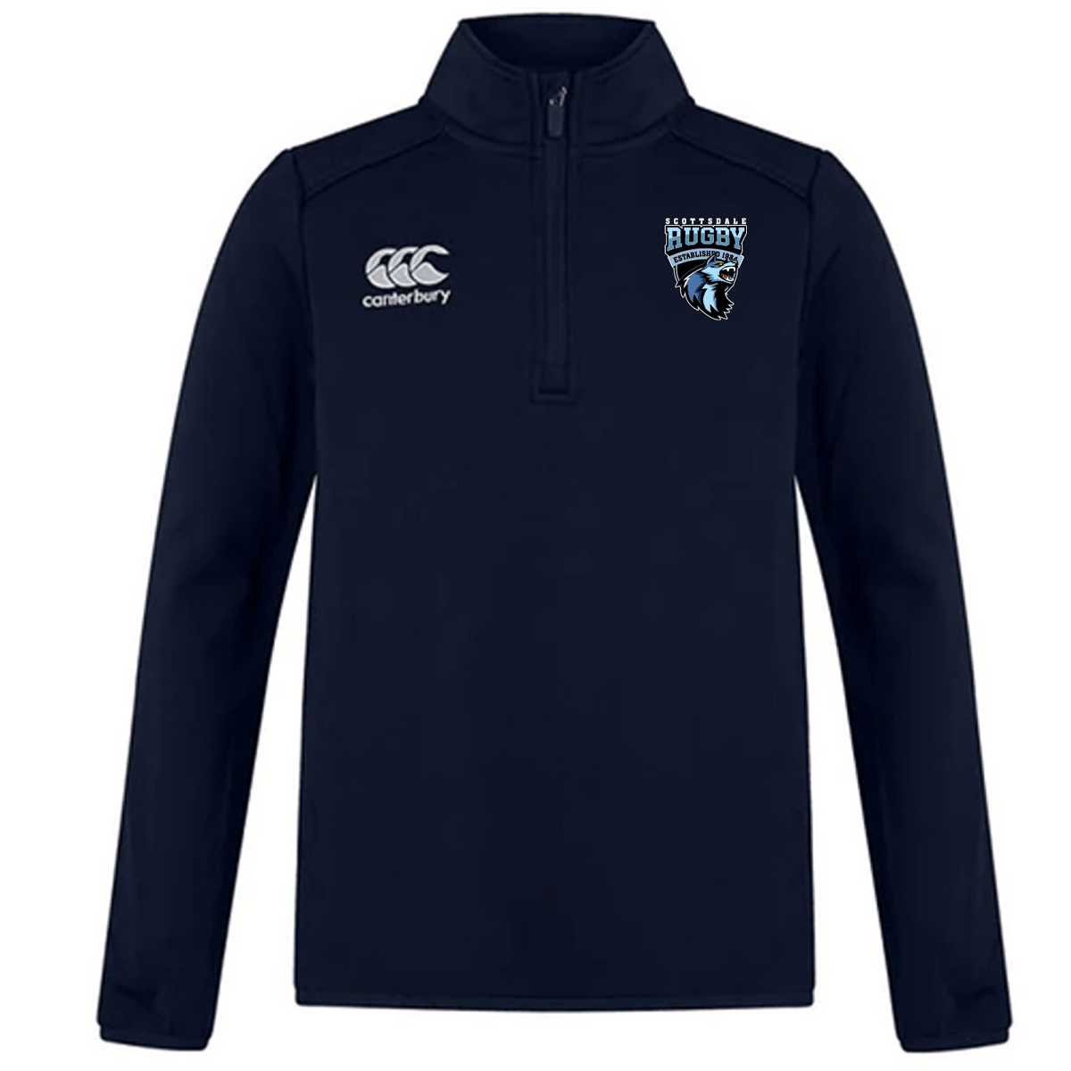 Navy blue Scottsdale Rugby Club 1/4 Zip Mid Layer Training Top by EMB Canterbury, featuring the canterbury logo on the right chest and a rugby team emblem on the left.