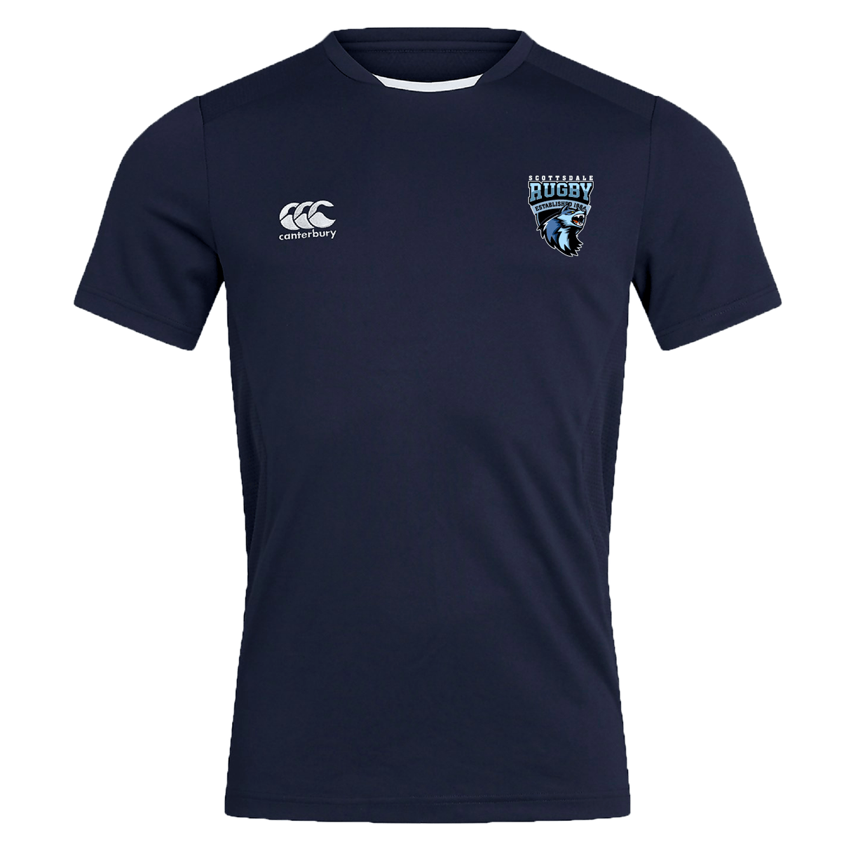 Sentence with replacement:
Navy blue Scottsdale Rugby Club Dry Tee by EMB Canterbury with the CCC branding on the right chest and an Italian rugby federation logo on the left chest.