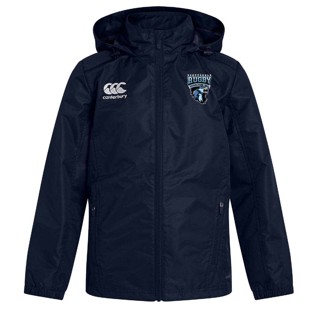 Navy blue Scottsdale Rugby Club Vaposhield Full Zip rain jacket by EMB Canterbury with a hood, zip front, and logos on the chest, displayed against a white background.