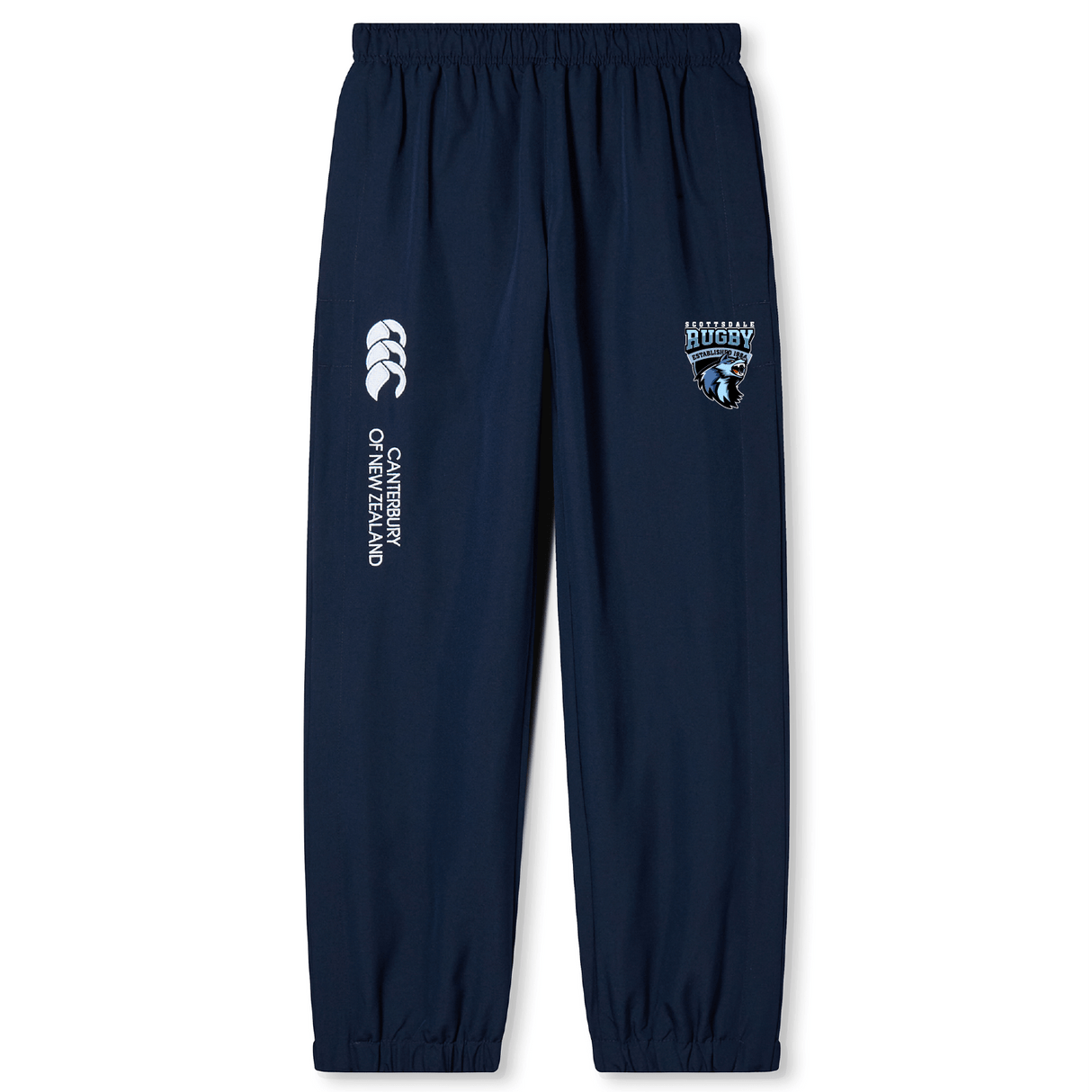 Navy blue athletic sweatpants with a white "EMB Canterbury rugby" logo and a bear mascot graphic on the upper left leg, featuring a cuffed hem.