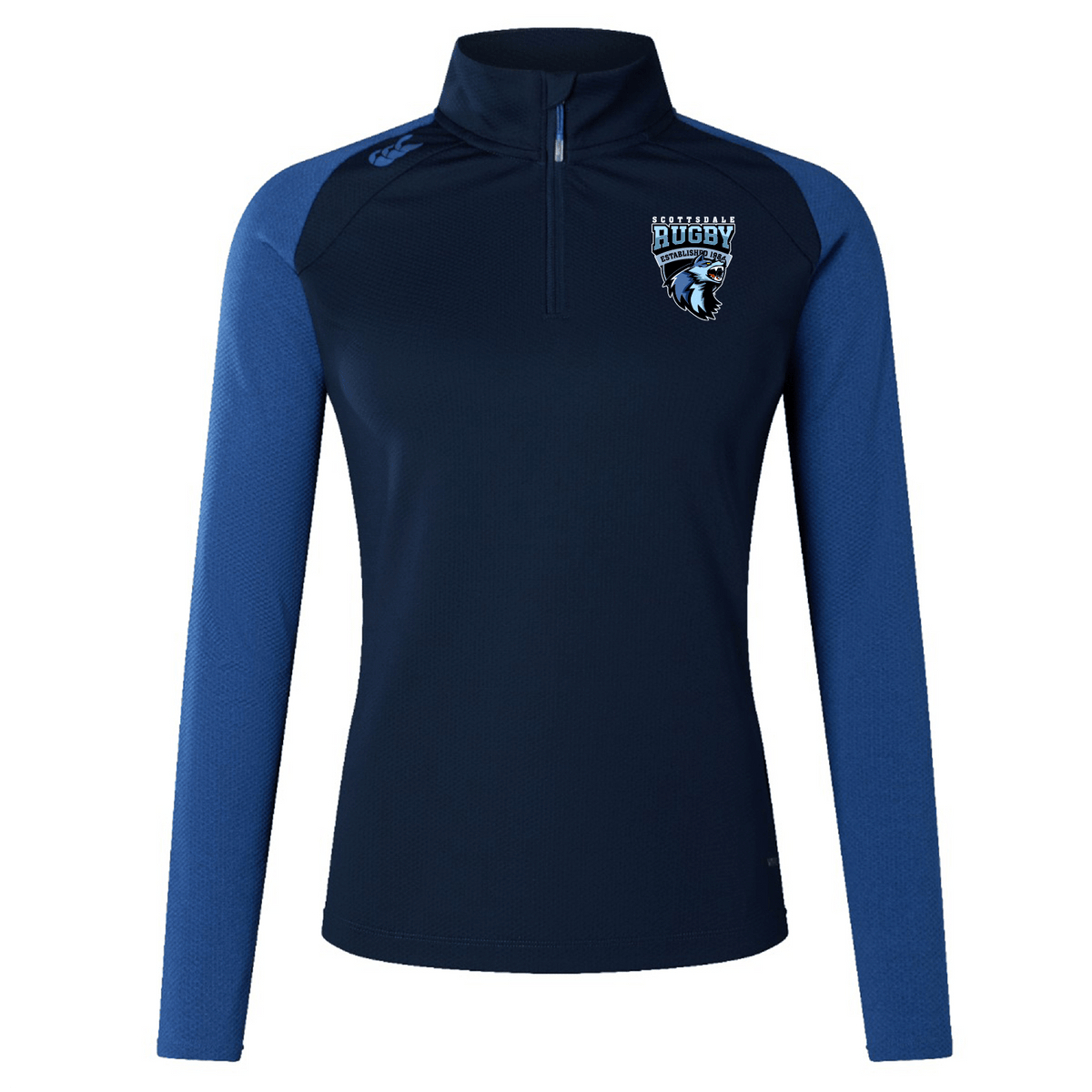 Navy blue Scottsdale Rugby Women's Elite First Layer quarter-zip pullover with light blue sleeves and a rugby team emblem on the left chest, crafted from VapoDri honeycomb fabric by EMB Canterbury.
