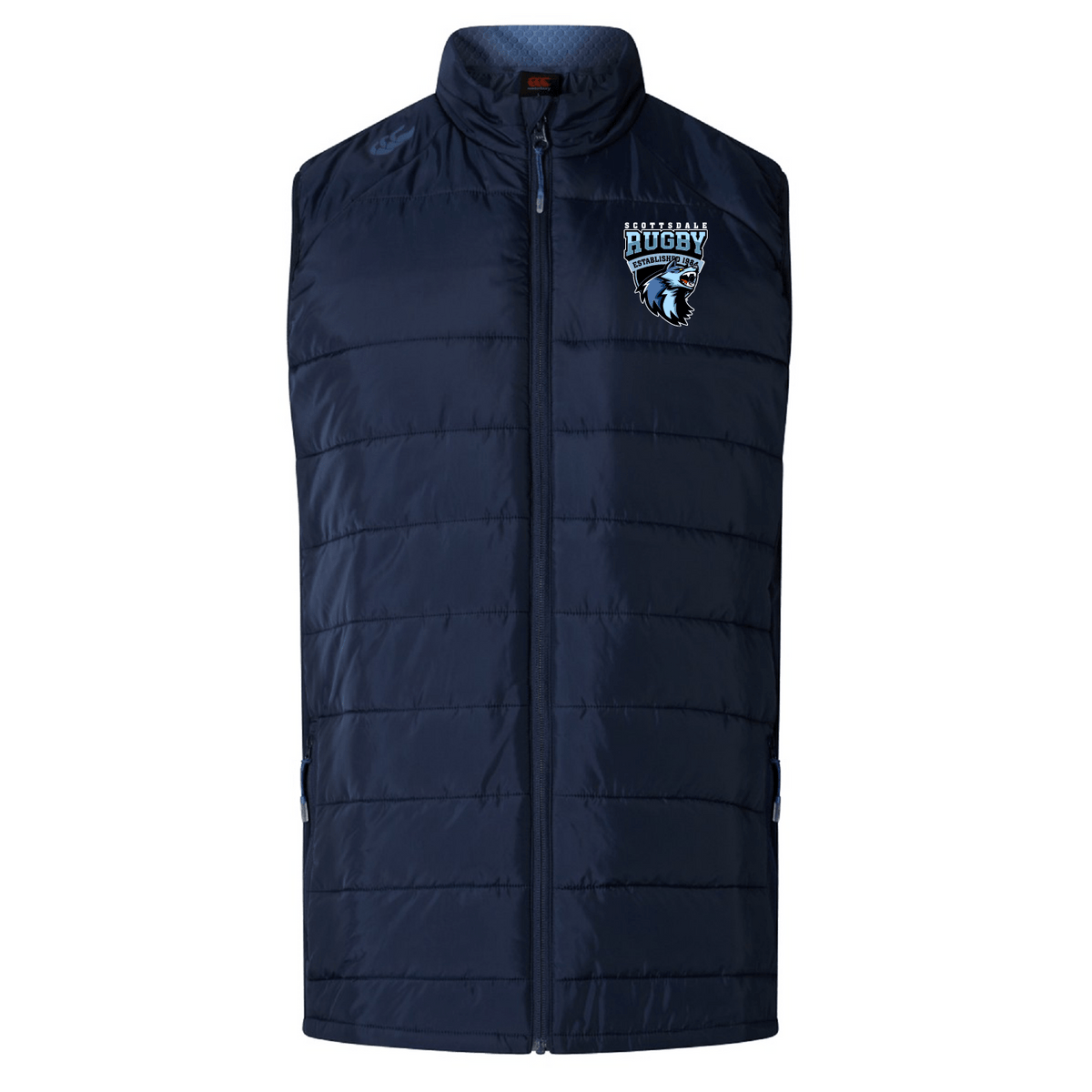 Navy blue quilted sleeveless hybrid gilet featuring a Scottsdale Rugby Elite Microlite Gilet logo on the left chest, designed for warmth and sportswear by EMB Canterbury.